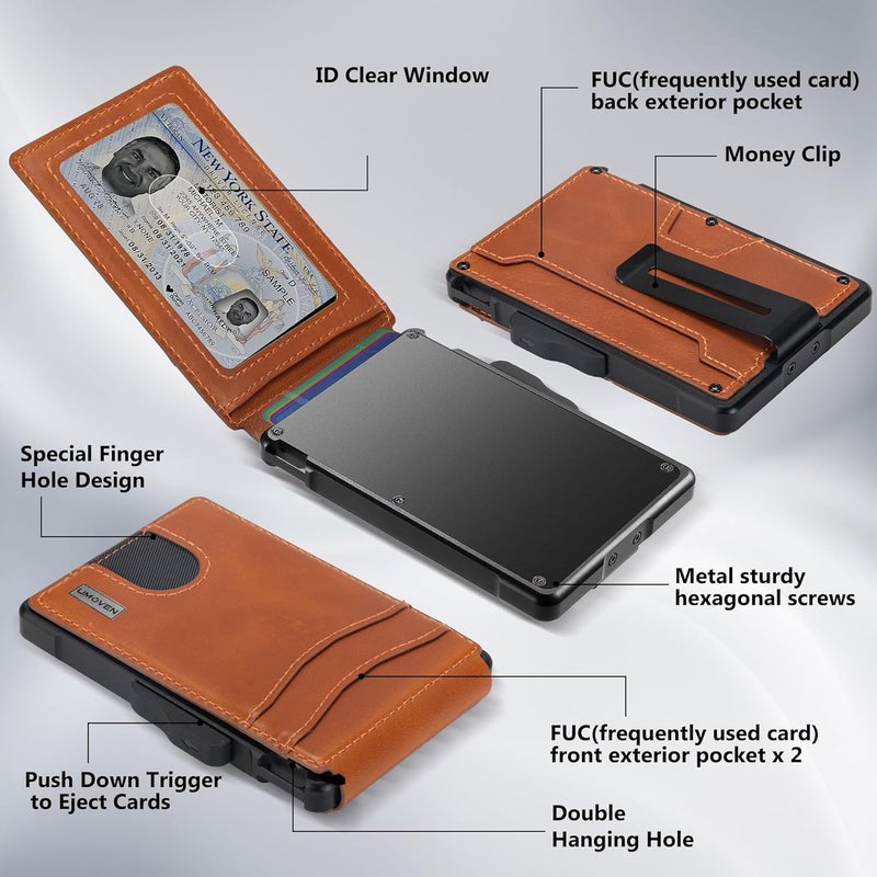 umoven محفظة للرجال - مع مشبك نقود جلد رقيق حامل بطاقات ائتمان مانع RFID محفظة قابلة للطي بسيطة (جلد الطبقة العليا - بني سينا) - Image 2